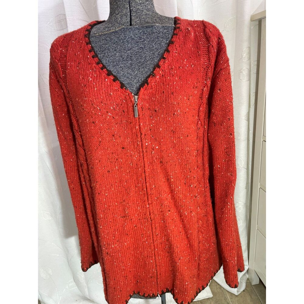 J.H. Collectibles Red/Orange Speckled Cable Knit Zip Front Cardigan